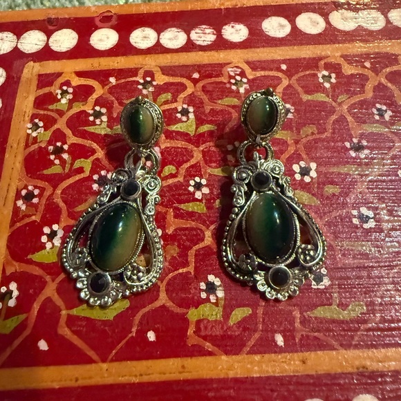 Jewelry - Vintage Silver Art Deco Dangle Earrings With Green Stones